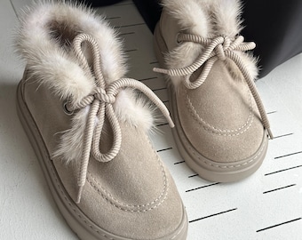 Beige Suede Fur Lined Winter Boots, Anatomical Women’s Shoes, Natural Mink Trim Slip-On Shoes, Lightweight EVA Sole Cold Weather Footwear