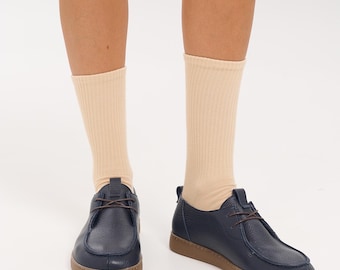 Blue Leather Anatomical Loafers, Lace-Up Shoes with Rounded Toe