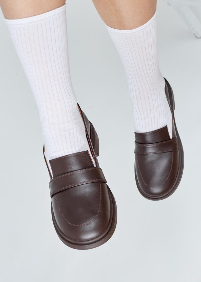 Classic Brown Leather Loafers for Woman, Elegant Slip On Office Shoes, Genuine Leather Comfort Shoes, Smart Casual Loafers, Every Day Flats