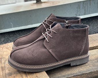 Brown Suede Winter Boots, Women’s Fur Lined Shoes, Mink Trim Leather Footwear, Rubber Sole Boots, Anatomical Suede Shoes