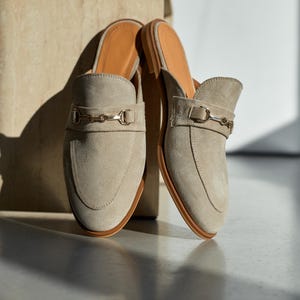 Classic Mules from Suede Leather, Stylish Slip-on Loafers, Backless Flat Shoes with Chain, Casual Minimalist Shoes, Elegant Gift for Woman