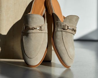 Classic Mules from Suede Leather, Stylish Slip-on Loafers, Backless Flat Shoes with Chain, Casual Minimalist Shoes, Elegant Gift for Woman