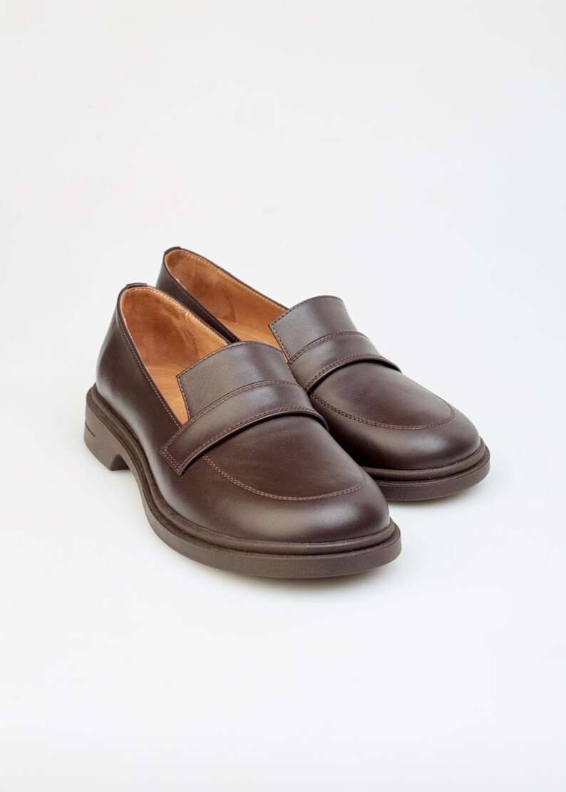 Classic Brown Leather Loafers for Woman, Elegant Slip On Office Shoes, Genuine Leather Comfort Shoes, Smart Casual Loafers, Every Day Flats