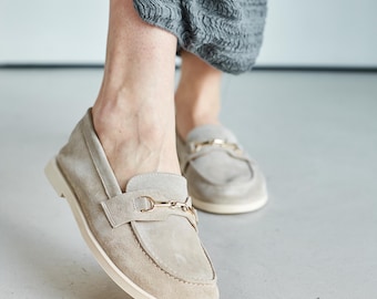 Beige Suede Women Loafers, Handmade Barefoot Suede Shoes, Comfort Beige Moccasins, Stylish Leather Shoes, Comfort Casual Flats