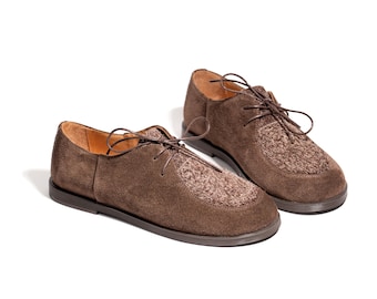 Zapatos descalzos de ante hechos a mano, botas con cordones color chocolate para mujer, zapatos Oxford forrados en piel natural, calzado cómodo para el día a día.