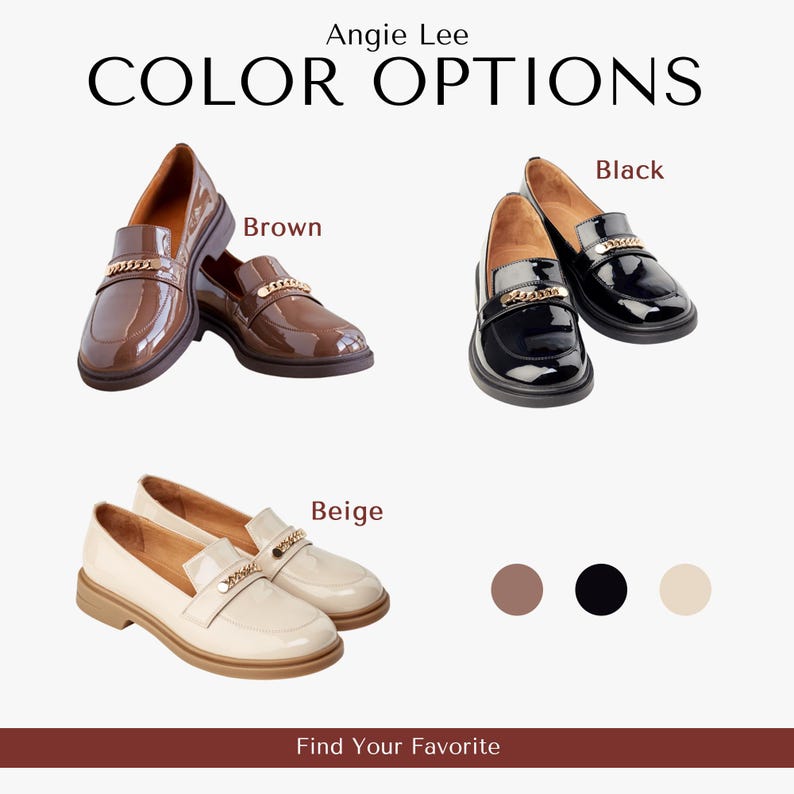 May include: The image displays three pairs of women's loafers in brown, black, and beige. Each pair features a gold chain detail across the vamp. The text "Color Options" and "Find Your Favorite" is also visible.