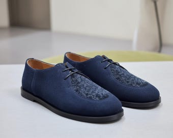 Zapatos de ante azul marino con cordones, Derby minimalistas, hechos a mano, cómodos y casuales para el día a día, Derby anatómicos de ante.