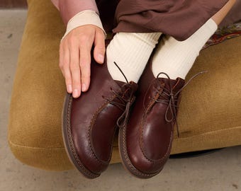 Cognac Leather Barefoot Shoes Women, Anatomical Fall Shoes, Wide Toe Box Flats, Fleece Lined Lace-Up Shoes, Handmade Autumn Footwear