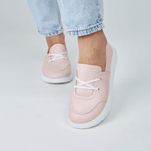 Baskets roses à lacets, baskets couleur flamant, Keds en cuir pour femme, chaussures en cuir véritable, chaussures d'automne, chaussures plates de marche décontractées à semelle souple