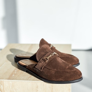Women's Brown Suede Chain Mules, Backless Loafers, Slip-On Horsebit Detail Shoes,   Classic Office Footwear, Elegant Flats, Casual Shoes