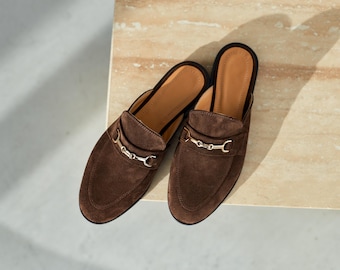 Brown Suede Leather Mules, Stylish Slip-on Loafers for Women, Backless Flat Shoes with Chain, Casual Minimalist Shoes, Classic Elegant Shoes