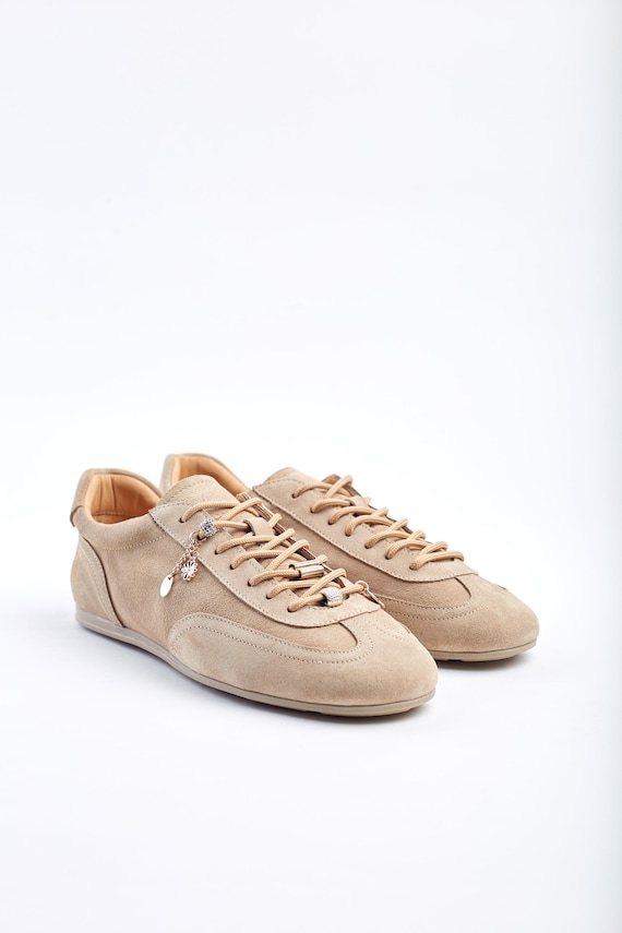 Beige Suede Sneakers, Lace-Up Sneakers, Low-Top Neutral Trainers, Comfortable Shoes