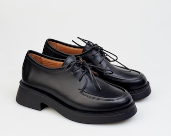Schwarze Leder Derby-Schuhe, Damen Elegante Lässige Schnür-Oxfords, Blockabsatz Loafers, Lässige Büro-Schuhe, Faux Toe Derby, Geschenk für Sie