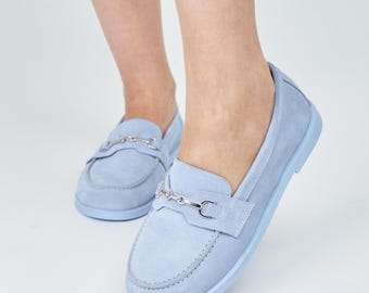 Lichtblauwe suède loafers, natuurlijke leren vrijetijdsschoenen dames, comfortabele wandelschoenen, veterboots, comfortabele schoenenzool