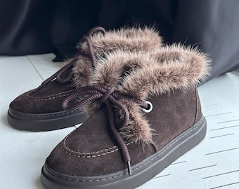 Brown Suede Fur Lined Ankle Boots, Women’s Winter Shoes, Cozy Lace Up Footwear, Warm Everyday Boots