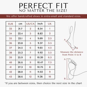 May include: A shoe size chart with the text "PERFECT FIT NO MATTER THE SIZE!" displays shoe sizes in EUR, cm, US/CA, inch, and UK. The chart includes measurements from 8.54 inches to 11.26 inches.