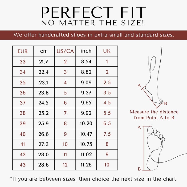 May include: A shoe size chart with the text "PERFECT FIT NO MATTER THE SIZE!" displays shoe sizes in EUR, cm, US/CA, inch, and UK. The chart includes measurements from 8.54 inches to 11.26 inches.
