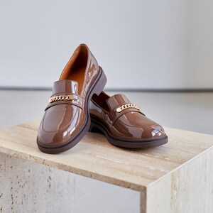 Brown Leather Patent Loafers with Shiny Chain, Classic Elegant Shoes for Woman, Genuine Leather Office Shoes, Handmade Smart Casual Loafers