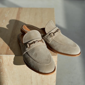 Women Suede Mules with Chain Detail, Classic Flat Backless Loafers, Casual Minimalist Shoes, Stylish Gift for Her, Suede Leather Mules
