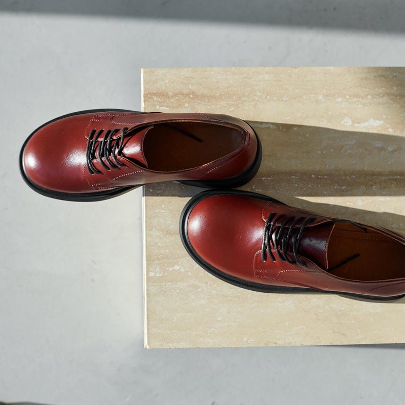Burgundy Leather Women’s Derby Shoes, Elegant Dark Red Comfortable Shoes, Slow Fashion Style Lace-Up Oxfords, Smart Casual Office Shoes