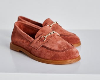 Handmade Terracotta Suede Shoes, Elegant Women’s Moccasins, Business Casual Loafers, Office Casual Flats, Soft Leather Shoes, Christmas Gift