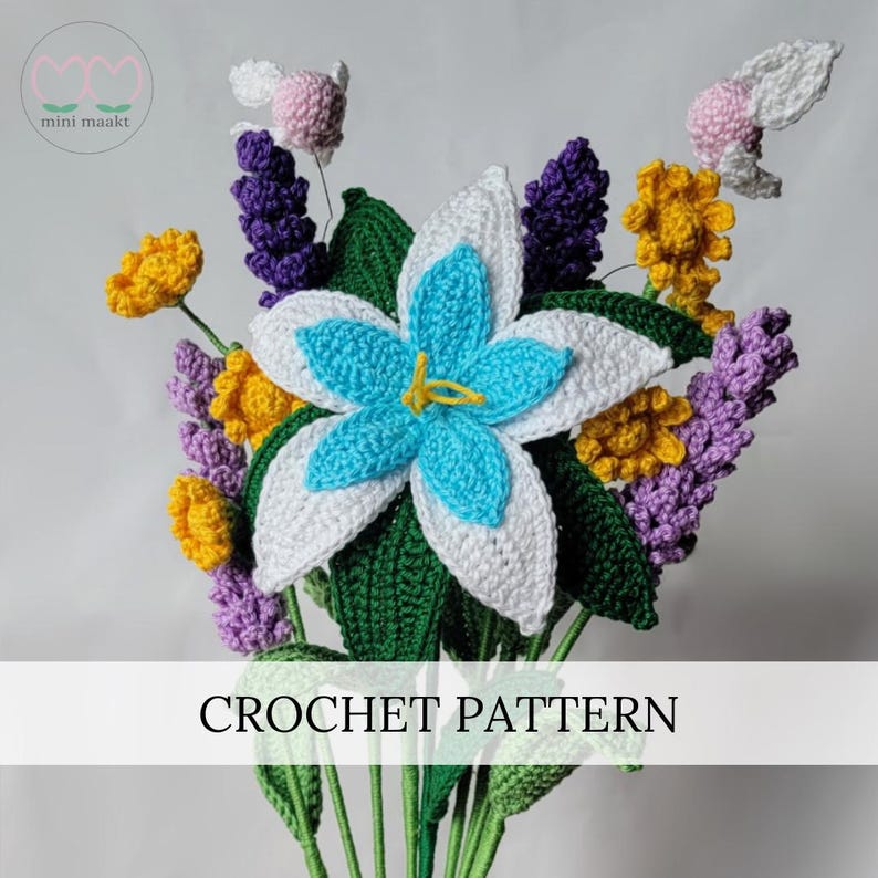 May include: A handmade crochet bouquet featuring a large white and turquoise flower as the focal point, surrounded by yellow, purple, and pink crocheted flowers and green leaves. The text "CROCHET PATTERN" is displayed at the bottom.