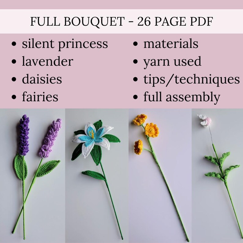 May include: Image of a crochet flower bouquet with lavender, daisies, and other flowers. The bouquet includes a variety of colors, including purple, white, yellow, and green. The text at the top says "FULL BOUQUET - 26 PAGE PDF".