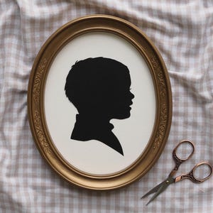 Custom Hand Cut Silhouette Portrait in Vintage Gold Oval Frame