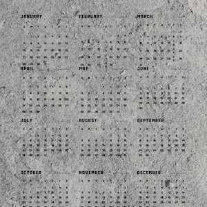 May include: A 2024 calendar with a gray concrete background. Each month is displayed in a separate box with the days of the week labeled as S, M, T, W, T, F, S. The calendar is a useful tool for planning and organizing events.