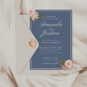 May include: A blue wedding invitation with white text and floral accents. The invitation reads "Together with their families Amanda & Joshua invite you to share in their wedding ceremony Saturday 7th of June Two Thousand Twenty Four at three o'clock in the afternoon Creekwood Gardens Portland Oregon reception to follow."