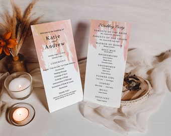 Boho Tall Wedding Program, Blush and Gold, Editable, Template, 4x9