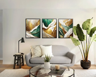 Set di 3 stampe artistiche da parete astratte verdi, dorate e bianche "Trittico - Collezione Fanti"