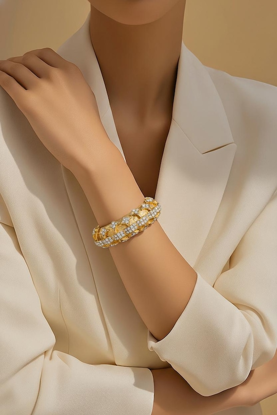 Kenneth J Lane signed gold and rhinestone cuff. - image 1