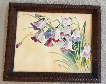 Primitive Floral Watercolor in an Early Chip Style Tramp Art Frame