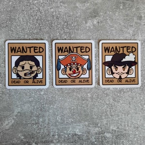 May include: Three wanted posters with cartoon characters. Each poster has the word "WANTED" at the top and "DEAD OR ALIVE" at the bottom. The first poster features a man with a cigar, the second poster features a man with a pirate hat, and the third poster features a man with a hat and a mustache.