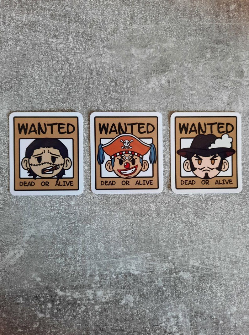 May include: Three wanted posters with cartoon characters. Each poster has the word "WANTED" at the top and "DEAD OR ALIVE" at the bottom. The first poster features a man with a cigar, the second poster features a man with a pirate hat, and the third poster features a man with a hat and a mustache.