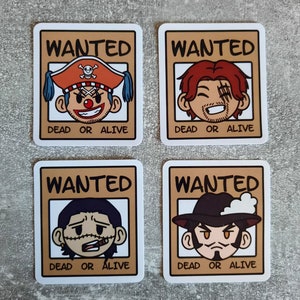 May include: Four wanted posters with cartoon characters. Each poster has the word "WANTED" at the top, a cartoon character's head in the middle, and the words "DEAD OR ALIVE" at the bottom.