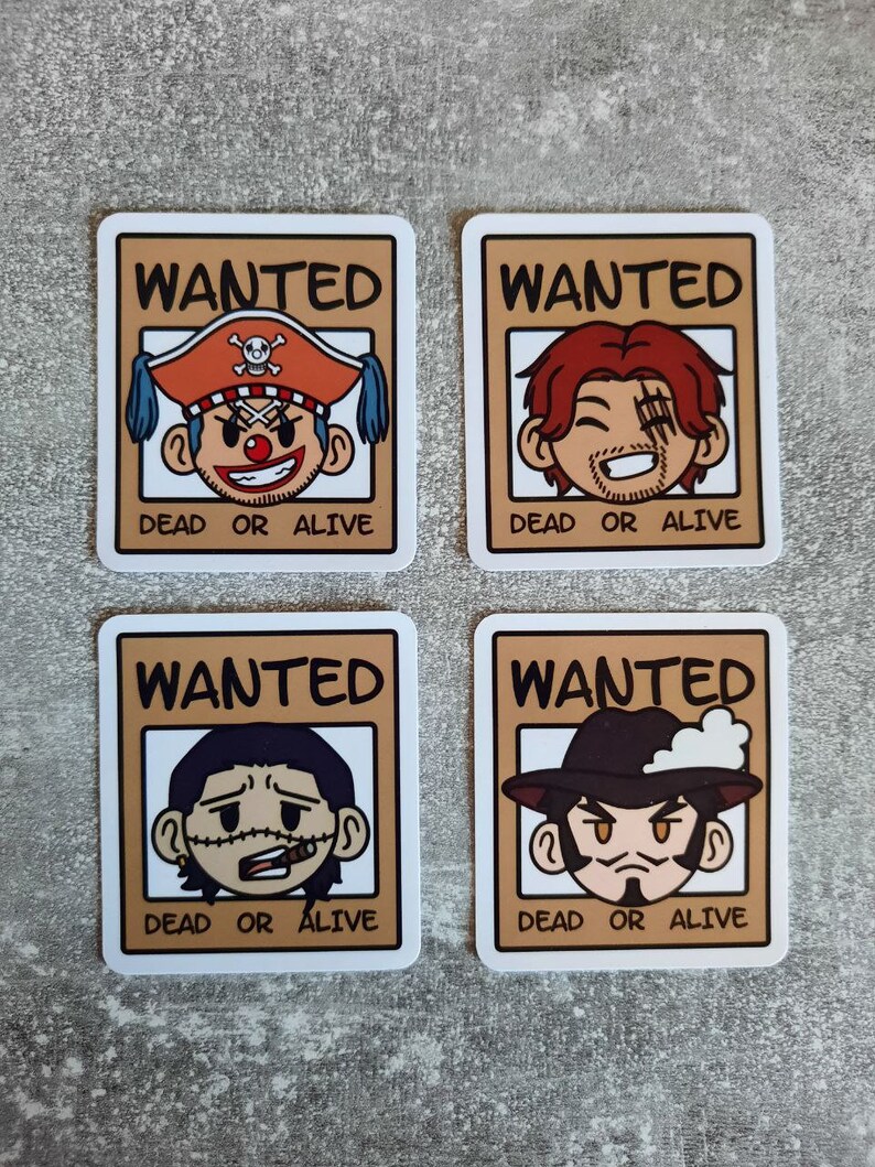 May include: Four wanted posters with cartoon characters. Each poster has the word "WANTED" at the top, a cartoon character's head in the middle, and the words "DEAD OR ALIVE" at the bottom.