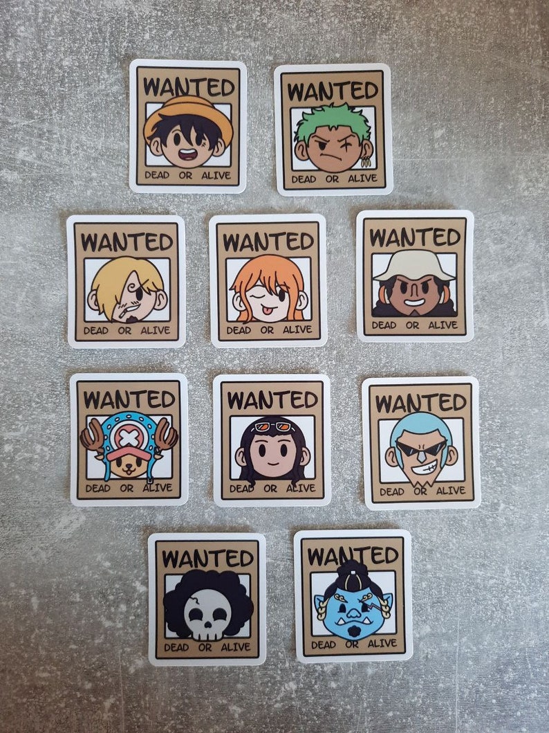 May include: Ten brown and beige wanted posters with cartoon characters from the anime One Piece. Each poster has the word "WANTED" at the top, a cartoon character's head in the middle, and the words "DEAD OR ALIVE" at the bottom.