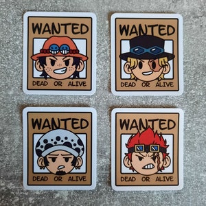 May include: Four wanted posters with cartoon characters. Each poster has the word "WANTED" at the top, a cartoon character's head in the middle, and the words "DEAD OR ALIVE" at the bottom.