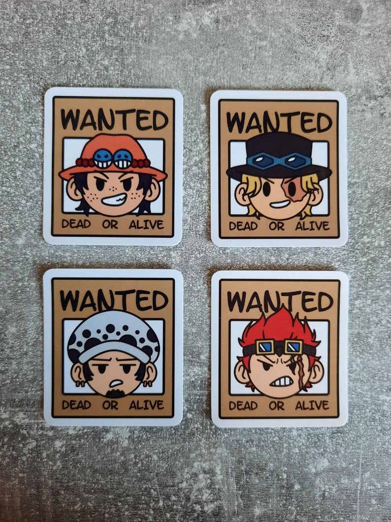 May include: Four wanted posters with cartoon characters. Each poster has the word "WANTED" at the top, a cartoon character's head in the middle, and the words "DEAD OR ALIVE" at the bottom.