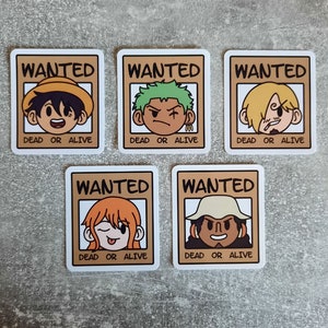 May include: Five wanted posters with cartoon faces of anime characters. Each poster has the word "WANTED" at the top and "DEAD OR ALIVE" at the bottom.