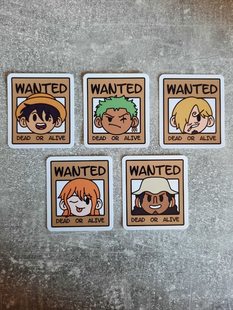 May include: Five wanted posters with cartoon faces of anime characters. Each poster has the word "WANTED" at the top and "DEAD OR ALIVE" at the bottom.