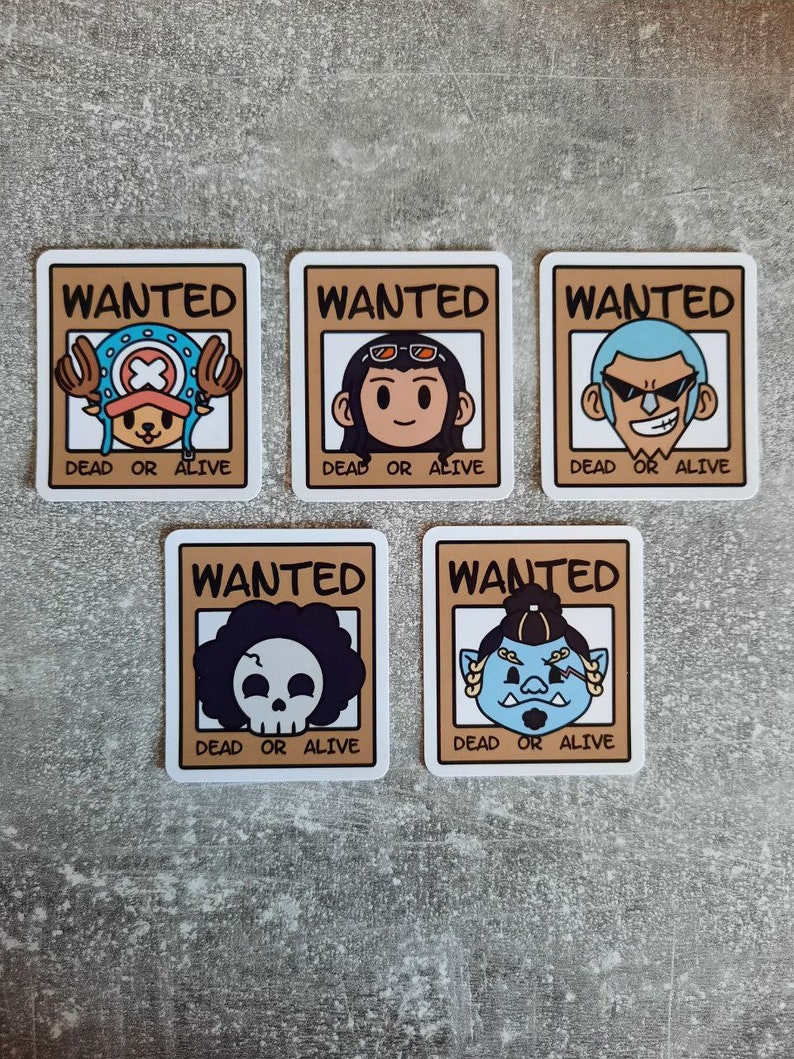 May include: Five wanted posters with cartoon characters. Each poster has a brown background with the word "WANTED" in white letters at the top. The text "DEAD OR ALIVE" is at the bottom of each poster. The characters are a pirate with a straw hat, a woman with sunglasses, a man with a shaved head, a skull with a black afro, and a blue troll with a single eye.
