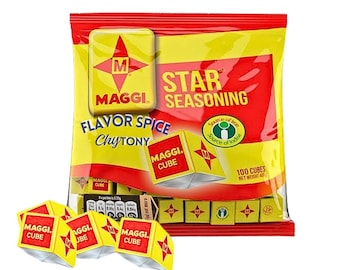May include: A red and yellow package of Maggi Star Seasoning Flavor Spice Chytony bouillon cubes. The package contains 100 cubes and has a net weight of 40g. The front of the package features a red star with the word "Maggi" in white letters. The package also features a green logo with the words "Source of Iron" and "Source of Iodine".