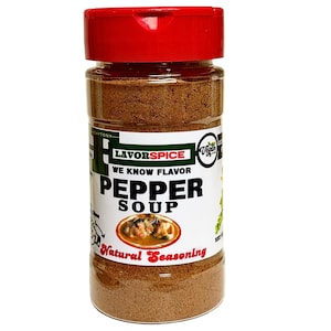 May include: A clear plastic spice jar with a red lid, filled with brown pepper soup seasoning. The label features the text "LavorSpice We Know Flavor Pepper Soup Natural Seasoning" and a "Vegan" logo. The jar is filled with a fine, brown powder.