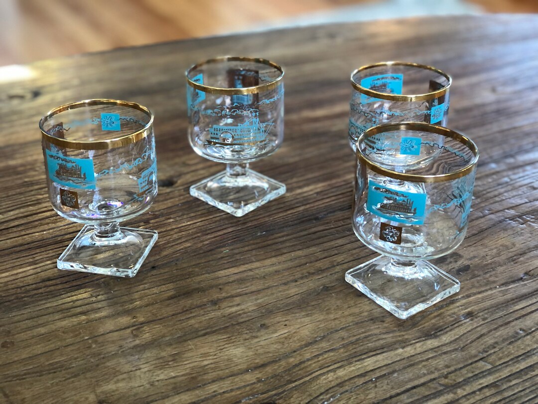1960s Libbey Glass Steamboat Footed Cocktail Glasses Set of 4 Turquoise 22k Gold Mid Century
