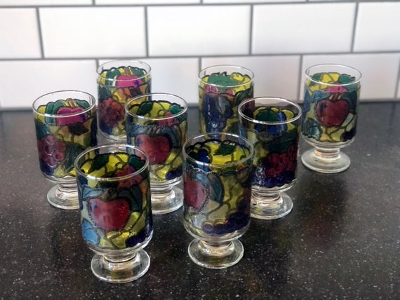 4 Libbey Fruit Stained Glass Drinking Glasses 