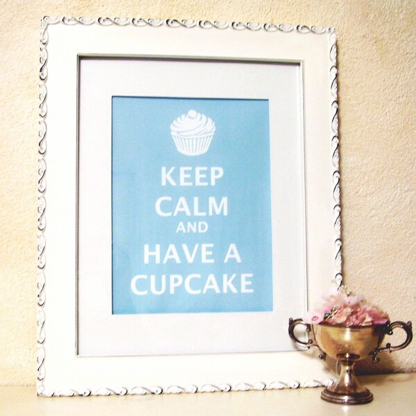 KEEP CALM AND HAVE A CUPCAKE ready to frame matted PRINT fits 11x 14 frame  vintage BLUE