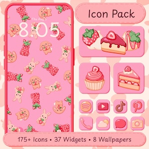 May include: A digital icon pack featuring a pink theme with strawberry-themed bunny illustrations, cake slices, and cupcakes. The display shows a smartphone interface with a patterned wallpaper, app icons, and text reading Icon Pack, 175+ Icons, 37 Widgets, 8 Wallpapers.